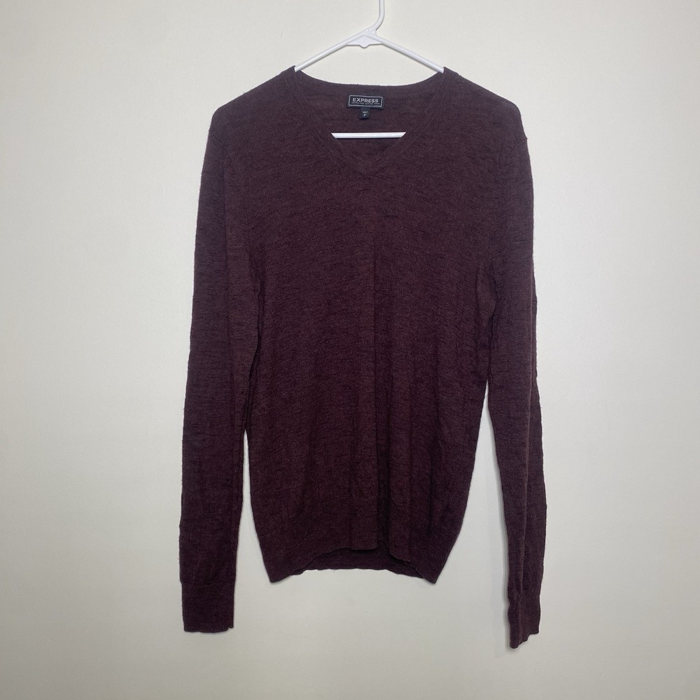 Express 100% Merino Wool Sweater Mens Small Maroon Long Sleeve V Neck Pullover